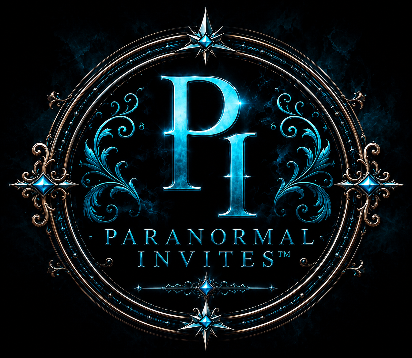Paranormal Invites™ ornate blue and gold PI crest