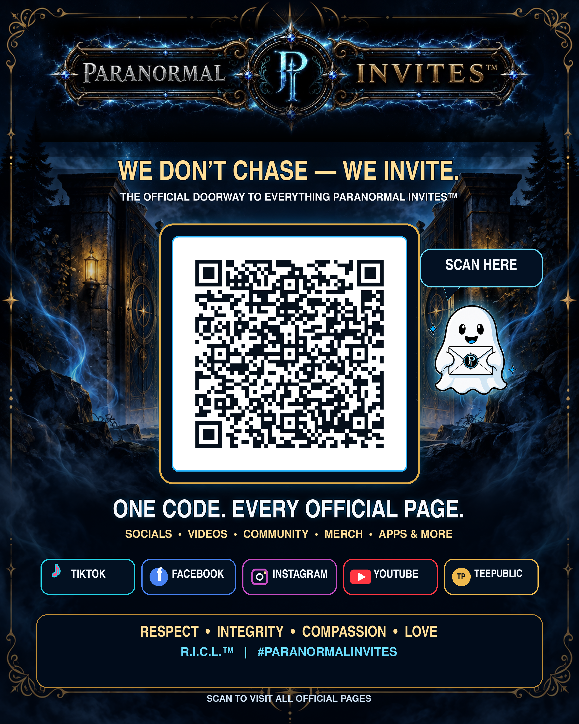 Paranormal Invites official social links poster with QR code for TikTok, Facebook, Instagram, YouTube, Fourthwall, and TeePublic